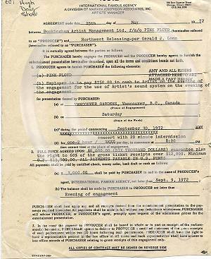 Pink Floyd concert contract, 1972, Vancouver, Canada